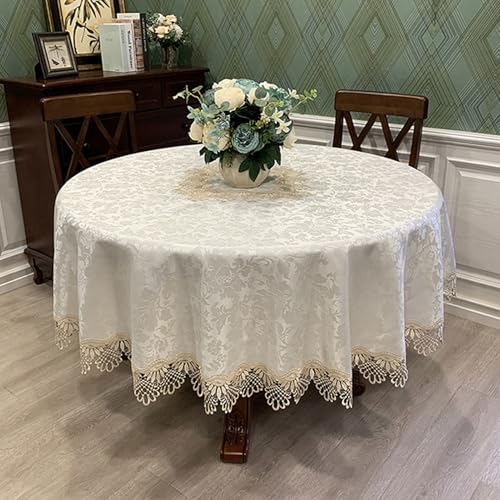 RUANLOV GroßE Tischdecke mit Spitze Rund, StrapazierfäHiger Polyester-Tischdeck, Tafeldecke Abwaschbar Jacquard Design Spitzentischdecke, für Home Hochzeit Party Hochzeitsdekor (G 120cm/47in) von RUANLOV