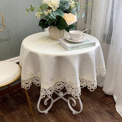 RUANLOV GroßE Tischdecke mit Spitze Rund, StrapazierfäHiger Polyester-Tischdeck, Tafeldecke Abwaschbar Jacquard Design Spitzentischdecke, für Home Hochzeit Party Hochzeitsdekor (H 140cm/55in) von RUANLOV