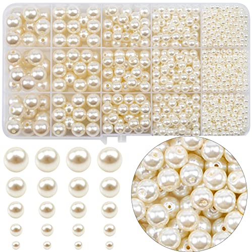 RUBY 1450 Stück Perlen zum Auffädeln Perlen Weiß Kunstperle Runde Perlen 4/6/8/10/12MM Plastikperlen mit Loch für DIY Halsketten Armbänder Schmuck Basteln (Beige) von RUBY