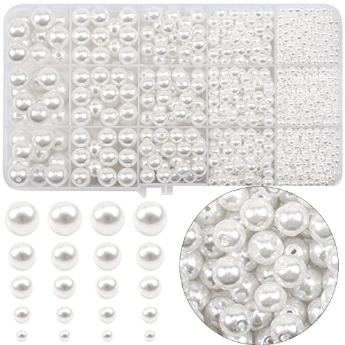 RUBY 1450 Stück Perlen zum Auffädeln Perlen Weiß Kunstperle Runde Perlen 4/6/8/10/12MM Plastikperlen mit Loch für DIY Halsketten Armbänder Schmuck Basteln (Weiß) von RUBY