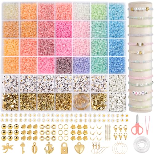 RUBY 28 Bunte Perlen für Armbänder 3mm Perlen Set, Mini Glasperlen mit 200 Buchstaben Perlen Selber Machen Armbänder Charm Kit für DIY Armband Schmuckherstellung Kit von RUBY