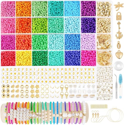 3mm Perlen für Armbänder, Perlen zum Auffädeln mit Buchstabenperlen Zubehör, 24 Farben Glasperlen Charm Kit Armbänder Selber Machen, Perlen Set für Armbänder Schmuck Herstellung, Partys, Feiertage von RUBY
