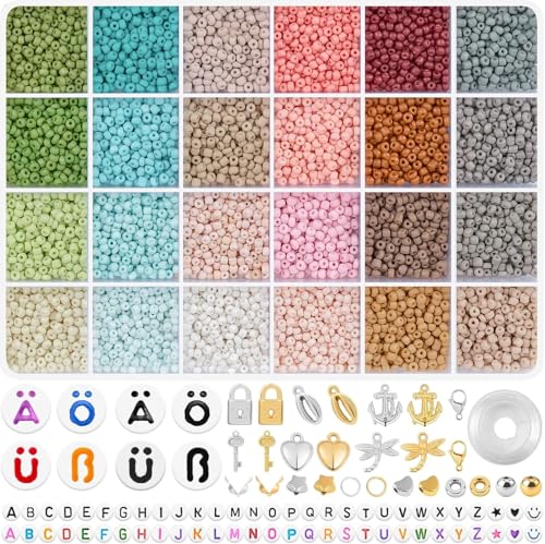 RUBY Perlen für Armbänder, 3mm Perlen zum Auffädeln mit Deutsche Buchstabenperlen, Boho farben Armbänder Selber Machen Mini Perlen Set, Glasperlen Charm Kit für Armband Ketten DIY von RUBY