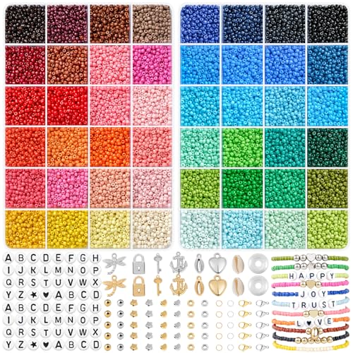 RUBY 3mm Perlen für Armbänder, 48 Farben Armbänder Selber Machen, Glasperlen Set mit 200 Buchstabenperlen, Armband Perlen Set Geschenke für Kinder, Erwachsener zu Weihnachten, Geburtstage usw. von RUBY