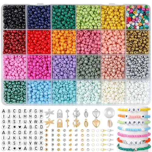 RUBY 4mm Perlenset für Armbänder, 24 Farben Perlen Set Armbänder Selber Machen mit Buchstabenperlen, Glasperlen zum Auffädeln Geschenke für Kinder, Erwachsener zu Weihnachten, Geburtstage usw. von RUBY