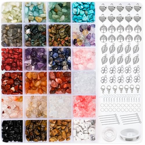 RUBY Edelstein Perlen, 24 Farben Edelsteine zum Auffädeln Naturstein Perlen, Schmuck Selber Machen Set für DIY Bastelperlen, Ringe Ohrringe Selber Machen von RUBY