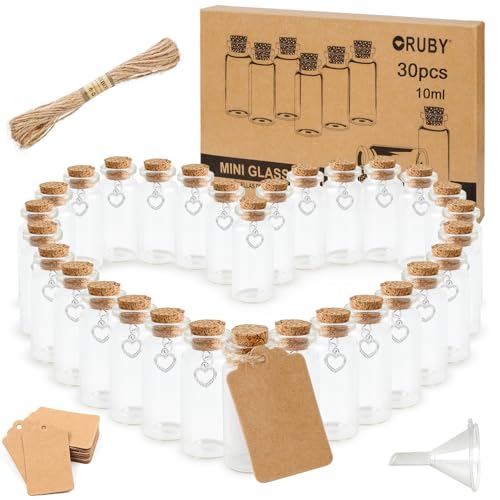 RUBY 30 Stück Mini Glasflaschen mit Korken 10ml Kleine Reagenzgläser mit Korken und Herz, Kleine Glasflaschen zum Gastgeschenke Hochzeit Hochzeitsdeko, Gewürzgläser mit Tag, 22x55mm von RUBY