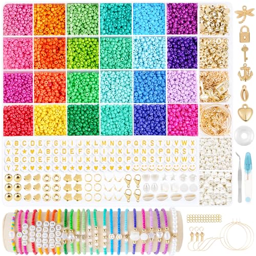 RUBY Perlen Set für Armbänder，8000+Stück 3mm 24 Farben Perlen zum Auffädeln mit 300 Buchstaben Perlen, Geeignet für DIY-Perlenketten, Armbänder, Halsketten und Ohrringe als Kreative Geschenke von RUBY