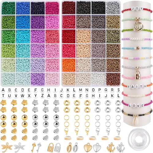 RUBY Perlen für Armbänder 3mm Perlen Set Schmuck 2 Boxen, Perlen zum Auffädeln Perlenset für Armbänder Erwachsene, 48 Farben Armband Selber Machen Set für Ohrringen, Halsketten und Armbändern von RUBY