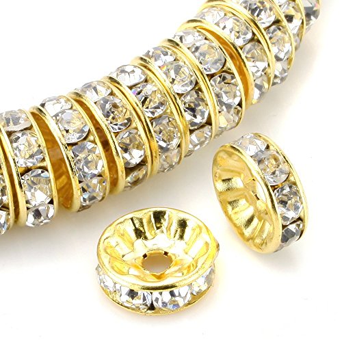 RUBYCA 100pcs Round Rondelle Spacer Bead Gold Tone 10mm White Clear Czech Crystal by von RUBYCA
