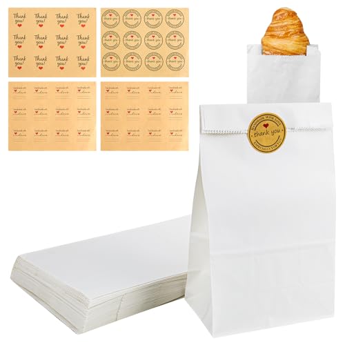 RUCUDIM Papiertüten Klein Weiß Butterbrottüten Tüten Kraftpapier Geschenktüten Papier Geschenkverpackung mit Aufklebern für Süßigkeiten Keksen Brot Schokolade (24 x 13 x 8cm), 40 Stück von RUCUDIM