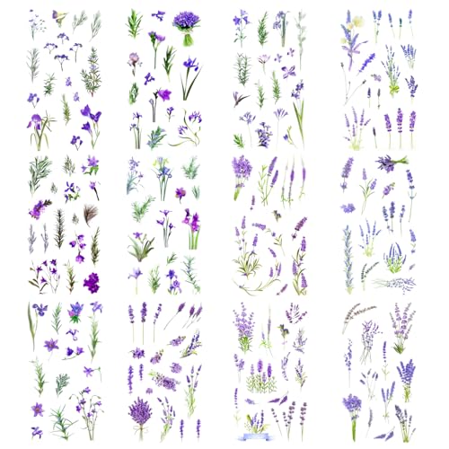 12 Stück Aufkleber, Buchaufkleber, Blumenaufkleber, Vintage-Aufkleber, Scrapbooking-Aufkleber, Naturpflanzenaufkleber zum Basteln von Karten, Tagebuch, Wasserflaschen, DIY-Basteldekoration (lila) von RUGBOL