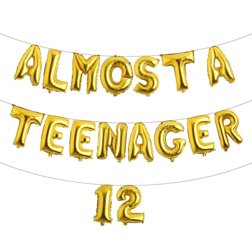 12 Geburtstag Dekorationen für Jungen, Almost a Teenager Luftballons 12 Geburtstag Banner Nummer 12 Folienballons für 12 Jahre alt Geburtstag Jubiläum Supplies Jungen (FAST A TEENAGER 12 Gold) von RUIANSI