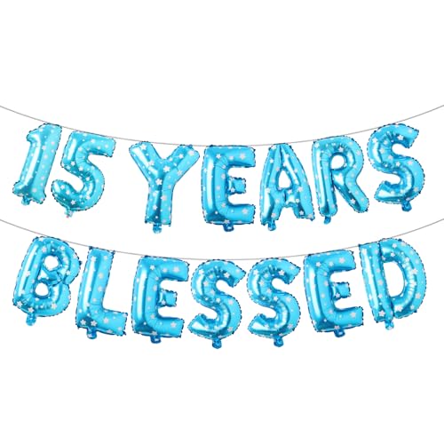 Ballon-Banner mit Aufschrift "15 Years Blessed", 15. Geburtstag/Hochzeitstag, Party-Dekoration, Wimpelkette, Schild, Hintergrund (15 Years Blessed Blue Star) von RUIANSI