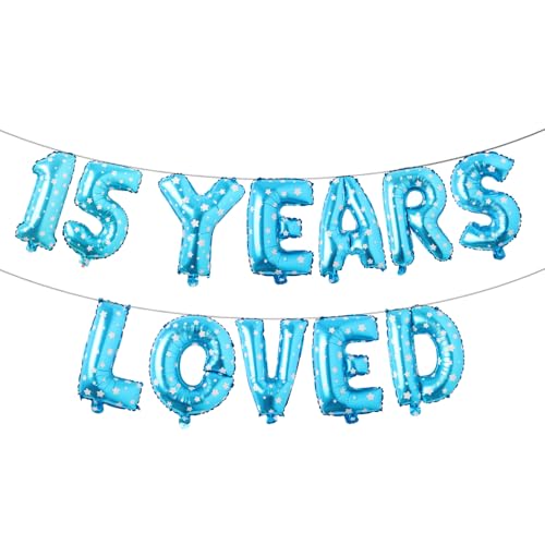 Ballon-Banner mit Aufschrift "15 Years Loved", Party-Dekoration, mehrfarbige Girlanden, Hintergrund (15 Years Loved Blue Star) von RUIANSI