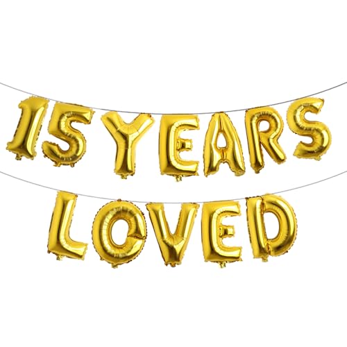 Ballon-Banner mit Aufschrift "15 Years Loved", Party-Dekoration, mehrfarbige Girlanden, Hintergrund (15 Years Loved Gold) von RUIANSI