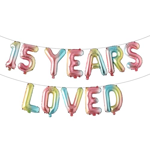 Ballon-Banner mit Aufschrift "15 Years Loved", Party-Dekoration, mehrfarbige Girlanden, Hintergrund (15 Years Loved Rainbow) von RUIANSI