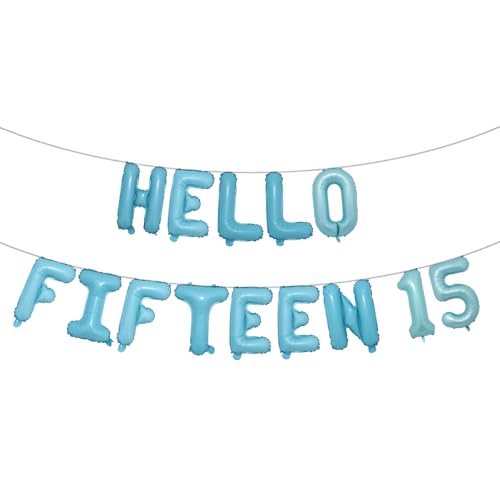Dekoration zum 15. Geburtstag für Mädchen zum 15. Geburtstag, Hello Fifteen Geburtstagsparty, Zubehör, Zahl 15, Luftballons für 15 Jahre, Party-Set für ihr Mädchen (HELLO FIFTEEN 15 Hellblau) von RUIANSI