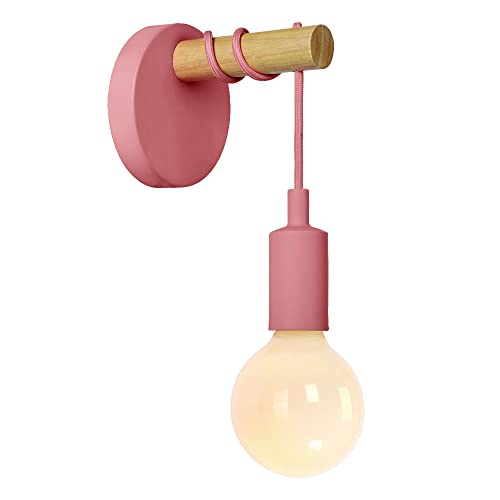 RUIBO Holz Wandleuchte E27,Industrielle Innenwandbeleuchtung,Nordic Macaroon Pink Wandleuchte,Home Dekoration Schlafzimmer Nachttischlampe von RUIBO