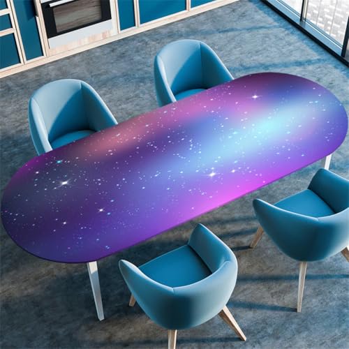 Blau Lila Sternenhimmel Ovale Tischdecke, Cool Kosmisches Galaxie-Muster, Wasserfeste Ölbeständige Tischdecke mit Stretch-Kante, Geeignet für Küchen Esszimmer Camping (Color 1,107cmx173cm) von RUILBJM