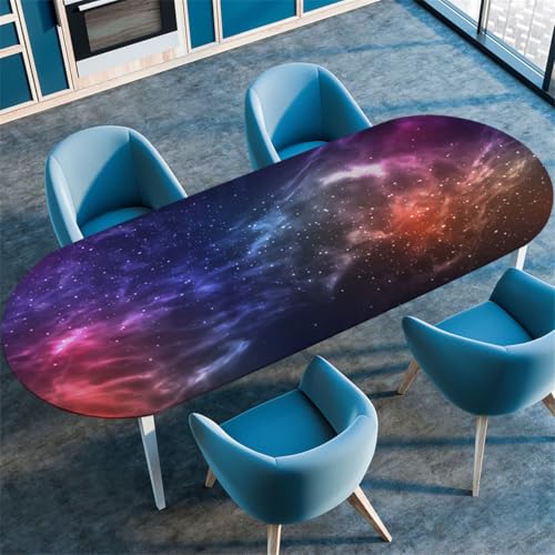 Blau Lila Sternenhimmel Ovale Tischdecke, Cool Kosmisches Galaxie-Muster, Wasserfeste Ölbeständige Tischdecke mit Stretch-Kante, Geeignet für Küchen Esszimmer Camping (Color 4,132cmx305cm) von RUILBJM
