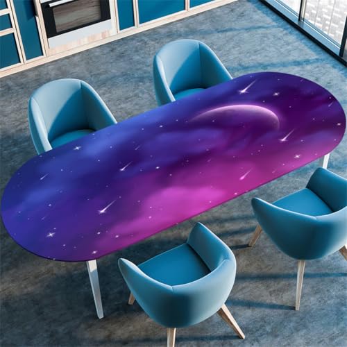 Blau Lila Sternenhimmel Ovale Tischdecke, Cool Kosmisches Galaxie-Muster, Wasserfeste Ölbeständige Tischdecke mit Stretch-Kante, Geeignet für Küchen Esszimmer Camping (Color 9,107cmx152cm) von RUILBJM