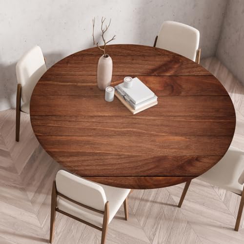 Runde Tischdecke mit Elastischen Kanten, Retro-Holzmaserungs Druck,Moderne Abwischbare wasserdichte Couchtischdecke aus Polyester für Esszimmer Bistro Outdoor Garten (Muster 1,140 cm) von RUILBJM