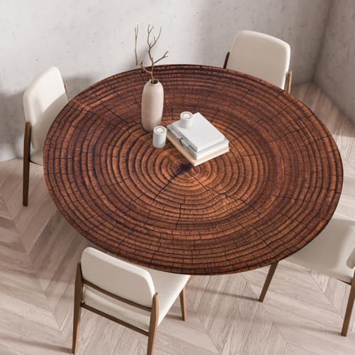 Runde Tischdecke mit Elastischen Kanten, Retro-Holzmaserungs Druck,Moderne Abwischbare wasserdichte Couchtischdecke aus Polyester für Esszimmer Bistro Outdoor Garten (Muster 4,60 cm) von RUILBJM