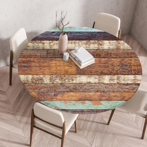 Runde Tischdecke mit Elastischen Kanten, Retro-Holzmaserungs Druck,Moderne Abwischbare wasserdichte Couchtischdecke aus Polyester für Esszimmer Bistro Outdoor Garten (Muster 5,120 cm) von RUILBJM