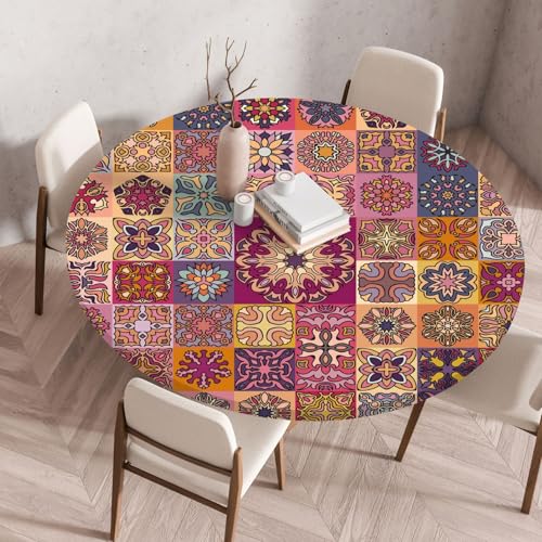 Runde Tischdecke mit Mandala Muster Elastischem Rand Gelb Blau Rot Grün Bohème-Stil wasserdichte Tablecloth für Küche Esszimmer Bistro Outdoor Gartentisch Dekoration (Bunt 2,140 cm) von RUILBJM