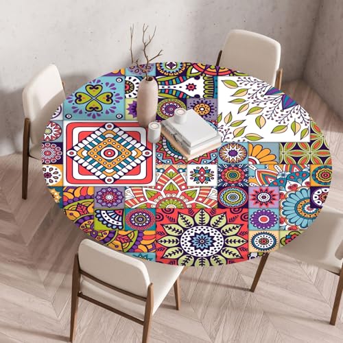 Runde Tischdecke mit Mandala Muster Elastischem Rand Gelb Blau Rot Grün Bohème-Stil wasserdichte Tablecloth für Küche Esszimmer Bistro Outdoor Gartentisch Dekoration (Bunt 4,130 cm) von RUILBJM