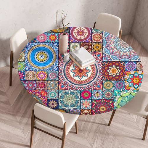 Runde Tischdecke mit Mandala Muster Elastischem Rand Gelb Blau Rot Grün Bohème-Stil wasserdichte Tablecloth für Küche Esszimmer Bistro Outdoor Gartentisch Dekoration (Bunt 5,60 cm) von RUILBJM
