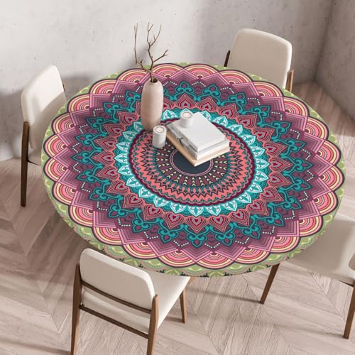 Runde Tischdecke mit Mandala Muster Elastischem Rand Gelb Blau Rot Grün Bohème-Stil wasserdichte Tablecloth für Küche Esszimmer Bistro Outdoor Gartentisch Dekoration (Bunt 7,140 cm) von RUILBJM