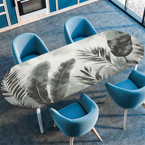 Schwarze Graue Moderne Ovale Tischdecke, Blätter Pflanzen Marmor Druck Tischdecke mit Elastischem Rand, rutschfest Wasser Ölabweisend, für Esstisch Küche Camping (Color 3,107cmx165cm) von RUILBJM