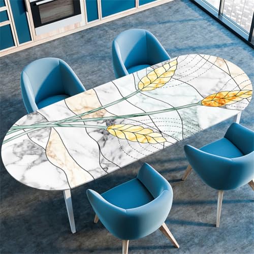 Schwarze Graue Moderne Ovale Tischdecke, Blätter Pflanzen Marmor Druck Tischdecke mit Elastischem Rand, rutschfest Wasser Ölabweisend, für Esstisch Küche Camping (Color 6,107cmx152cm) von RUILBJM