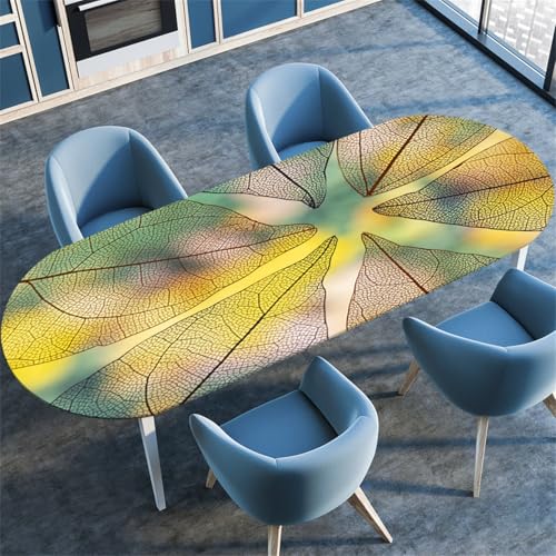 Vintage Blatt Pflanzen Muster Ovale Tischdecke, Stretch-Kante Tischdecke, rutschfest Wasserdicht Ölbeständig, Geeignet für Esstisch Küche Camping, Couchtischdecke (Farbe 14,137cmx183cm) von RUILBJM