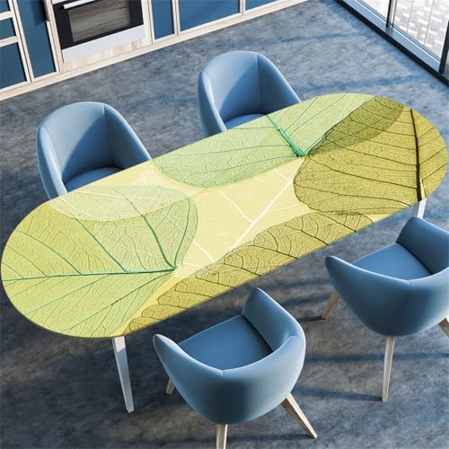 Vintage Blatt Pflanzen Muster Ovale Tischdecke, Stretch-Kante Tischdecke, rutschfest Wasserdicht Ölbeständig, Geeignet für Esstisch Küche Camping, Couchtischdecke (Farbe 5,132cmx229cm) von RUILBJM