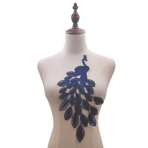 RUINUO 2 x Pfauen-Aufnäher mit Spitze zum Aufnähen, Pfauenaufnäher, Stickapplikationen zum Nähen von Hochzeitskleidern, Marineblau von RUINUO