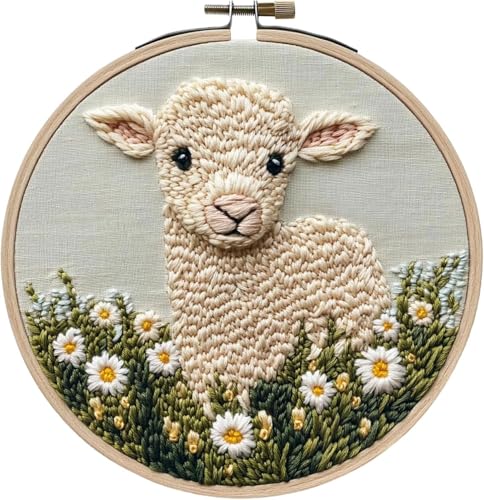 RUIQLXHANG Punch Needle Stickerei für Anfänger, Niedliche Cartoon Hochlandkuh mit Gänseblümchen, Punch Needle Starter Craft Set mit 20cm Hoop, Perfekt für Festival Geschenk und Dekoration (F) von RUIQLXHANG
