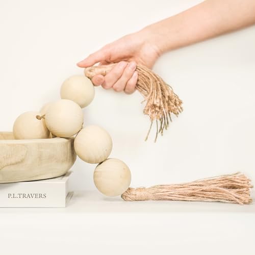 RUIRUICO Extra große Holzperlengirlande mit 5,1 cm Durchmesser Holzperlen, Holzperlen Girlande mit Quasten, dekorative Perlen für Bauernhaus-Dekor (Natur, 68,6 cm) von RUIRUICO