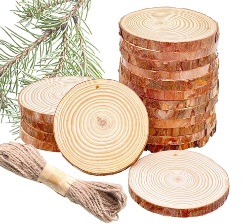 RUIXUE18 Stücke Holzscheiben 9-10cm Kleine Holzscheiben,Holzscheiben Perforiert 10mm dick,Baumscheiben Natürliche,mit 10m Juteschnur, für Weihnachtsdeko,Handwerk,DIY. von RUIXUE