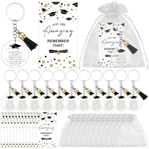 RUIYELE 36 Stück Schlüsselanhänger zum Schulabschluss, inspirierende Geschenke mit Organza-Beuteln, Dankeskarten für College, Mittelschule, Studenten, Abschlussfeier, Partyzubehör, Zubehör, Schwarz von RUIYELE