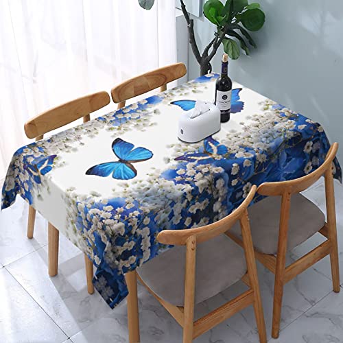 RULOPA Rechteckige Tischdecke mit blauen Schmetterlingen und weißen Blumen, auslaufsicher und wasserdicht, Tischdecke für den Außenbereich, Partys und Weihnachten (137 x 183 cm) von RULOPA