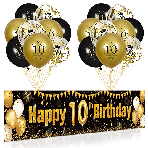 10. Geburtstag Party Deko für Jungen Mädchen Schwarzes Gold, Luftballons 10. Geburtstag Schwarz Gold Banner und 18 PCS 10. Happy Birthday Konfetti Ballons für Deko Jubiläum Geburtstagsparty Dekoration von RUMIA