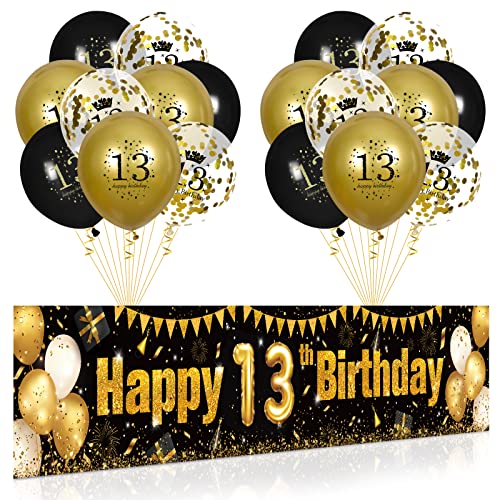 13. Geburtstag Party Deko für Jungen Mädchen Schwarzes Gold, Luftballons 13. Geburtstag Schwarz Gold Banner und 18 PCS 13. Happy Birthday Konfetti Ballons für Deko Jubiläum Geburtstagsparty Dekoration von RUMIA