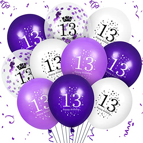 13. lila Geburtstag Ballons Dekorationen, 16 PCS lila weiß Konfetti Latex-Ballons für Mädchen Jungen alles Gute zum Geburtstag Party Hochzeit Jahrestag Indoor Outdoor Party Supplies, 12 Zoll (13.) von RUMIA