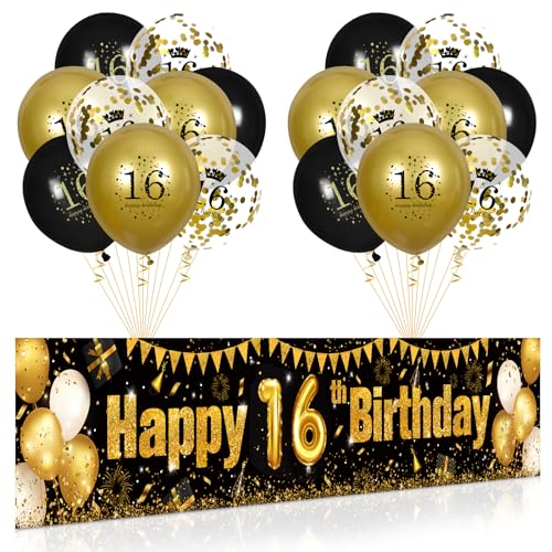 16. Geburtstag Party Deko für Junge Mädchen Schwarzes Gold, Luftballons Geburtstag 16 Schwarz Gold Banner und 18 PCS 16. Happy Birthday Konfetti Ballons für Deko Jubiläum Geburtstagsparty Dekoration von RUMIA