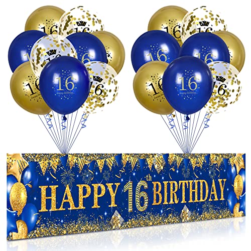 16. Geburtstag Party Deko für Jungen Mädchen Blau Gold, Luftballons 16. Geburtstag Blau Gold Banner und 18 PCS 16. Happy Birthday Konfetti Ballons für Deko Jubiläum Geburtstagsparty Dekoration von RUMIA