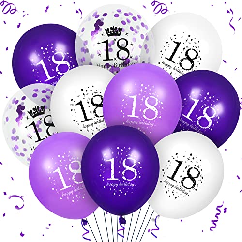 18th lila Geburtstag Ballons Dekorationen, 16 PCS lila weiße Konfetti Latex Ballons für Mädchen Jungen Happy Birthday Party Hochzeitstag Indoor Outdoor Party Supplies, 12 Zoll (18th) von RUMIA