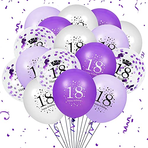 18th Geburtstag Ballons Dekorationen, 16 PCS lila weiße Konfetti Latex Ballons für Girs 18th Happy Birthday Party Hochzeitstag Indoor Outdoor Party Supplies, 12 Zoll von RUMIA